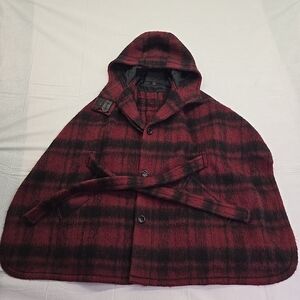 Coach NY Burgundy & Black Plaid Hooded Cape Peacoat Cover Alpaca Wool Oversize